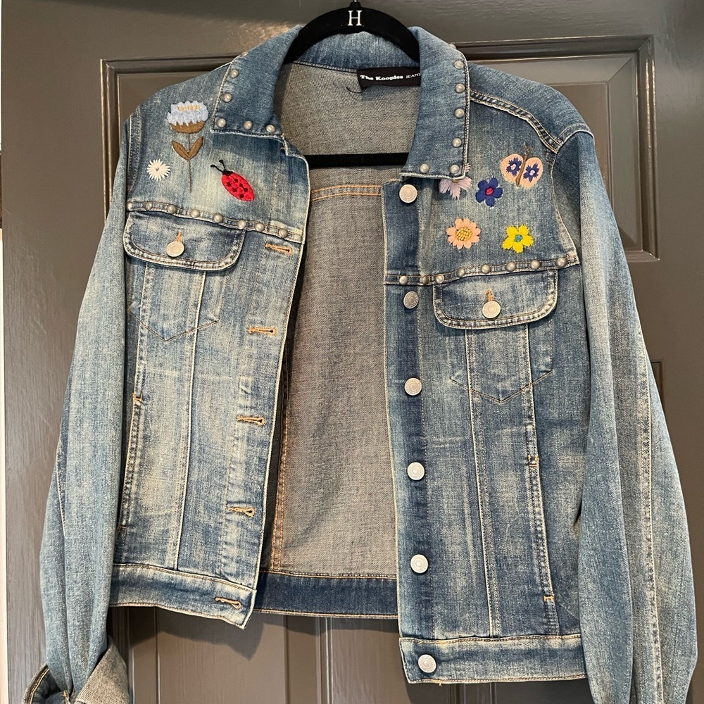 The Kooples Light Blue Denim Jacket with Colorful Embroidery